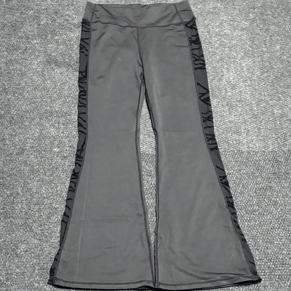 Dark Gray Flared Leggings with Black Mesh Accents